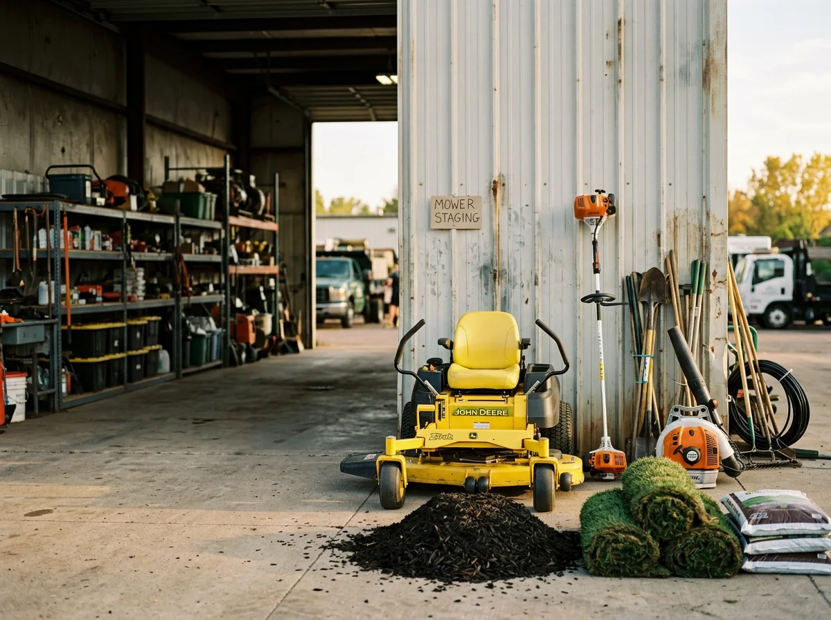 Professional landscaping crew and equipment ready for residential and commercial property maintenance projects.