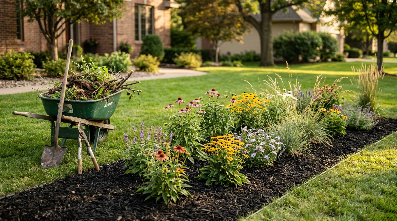 Professional landscaper installing plants and mulch in a residential yard