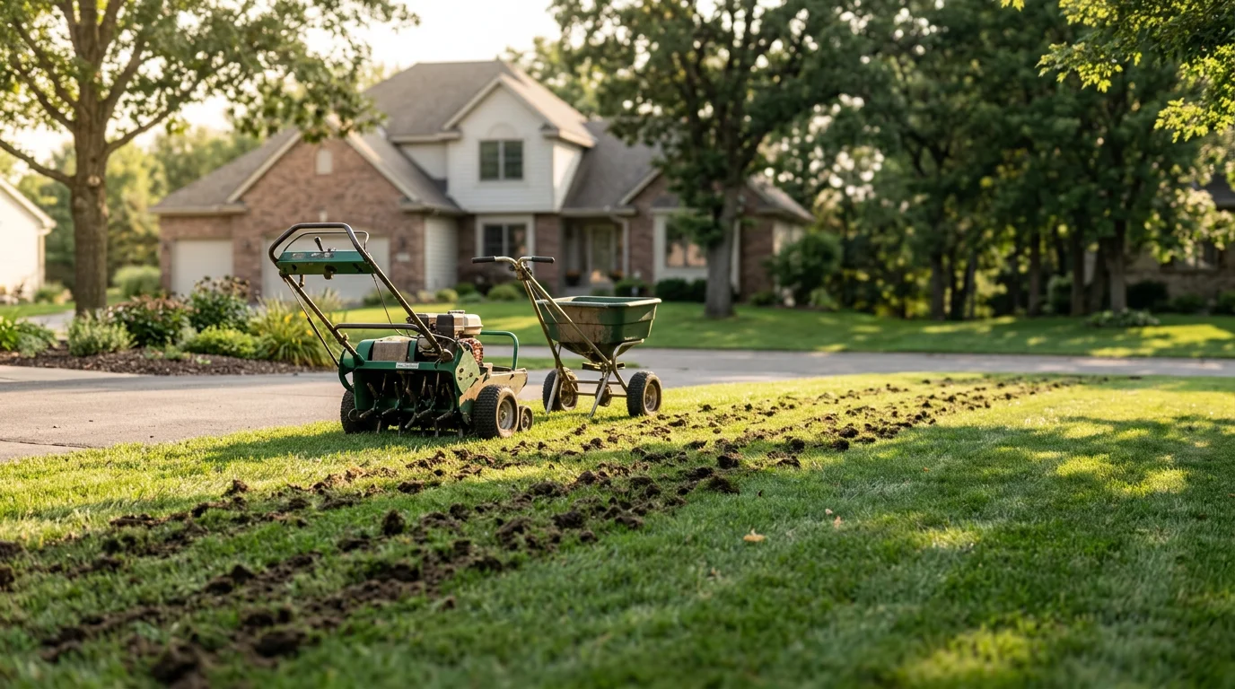 Lawn care technician aerating a residential lawn in spring
