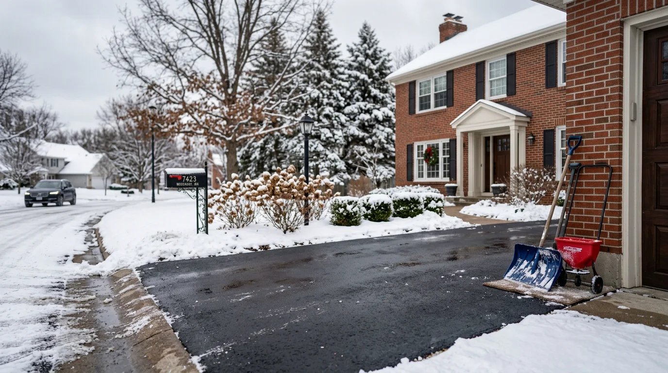 Snow removal truck clearing a residential driveway after winter storm