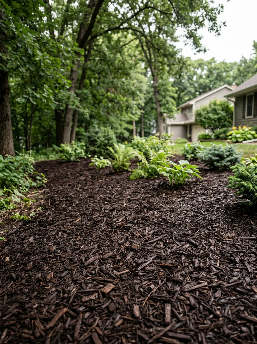 Fresh hardwood mulch installed in landscape beds along the front of a West Bloomington, MN home with a wooded lot edge and ornamental shrubs in the background.