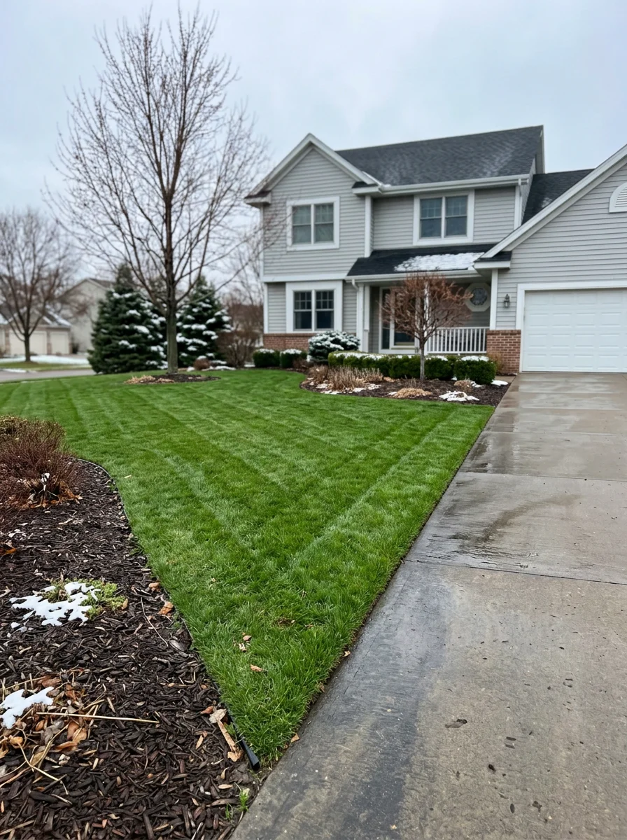 A freshly mowed and edged lawn on a single-family home in the northern Inver Grove Heights, MN neighborhood, with trimmed foundation shrubs and a cleared driveway after a snow event.