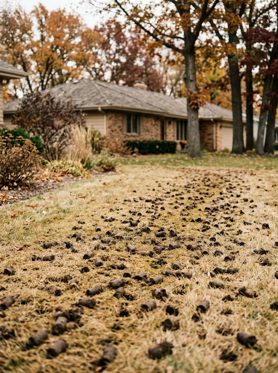 Core aeration being performed on a Maplewood, MN lawn in fall, with soil plugs visible on clay-heavy turf in an established 1980s-era neighborhood.