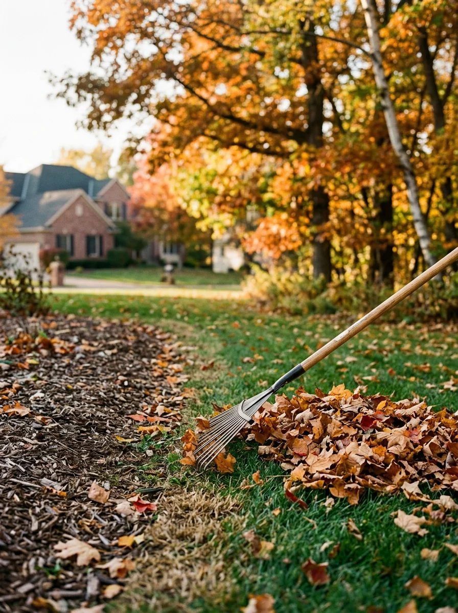 A fall cleanup in progress on an Oakdale, MN residential property, with leaf debris being cleared from turf and landscape beds near a wooded lot edge in Washington County.
