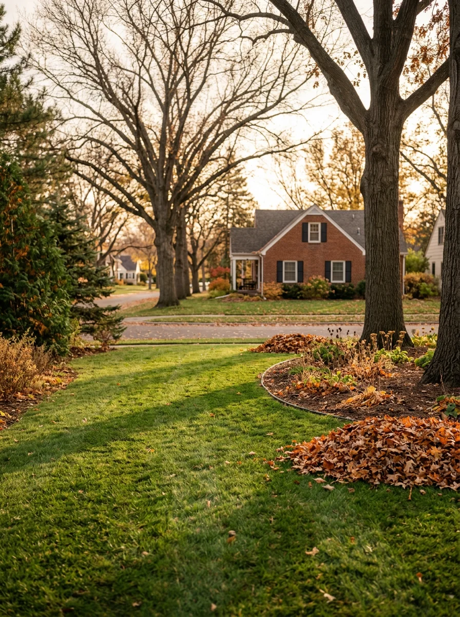 A Roseville, MN residential lawn in fall with freshly raked leaves cleared from turf and landscape beds, mature trees lining the street, and a postwar-era home in the background.