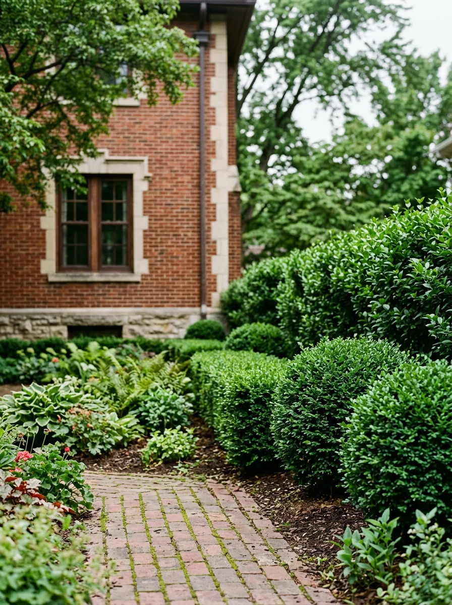 Trimmed and shaped foundation shrubs along the front of a historic Saint Paul, MN home in a Summit Hill-style neighborhood, with a brick walkway and established perennial beds.