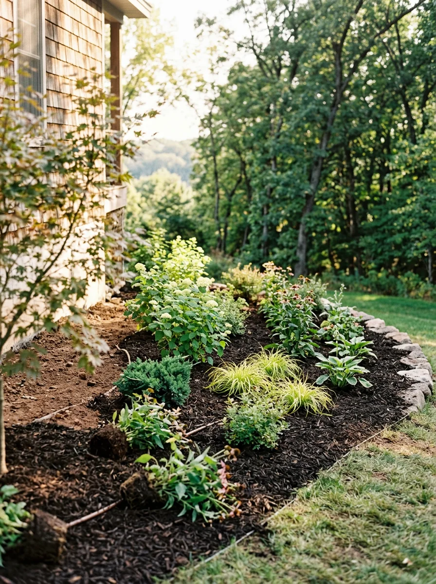 Freshly installed shrubs and mulched landscape beds on a Stillwater, MN residential property with a wooded bluff lot and clay soil visible along the planting edge.
