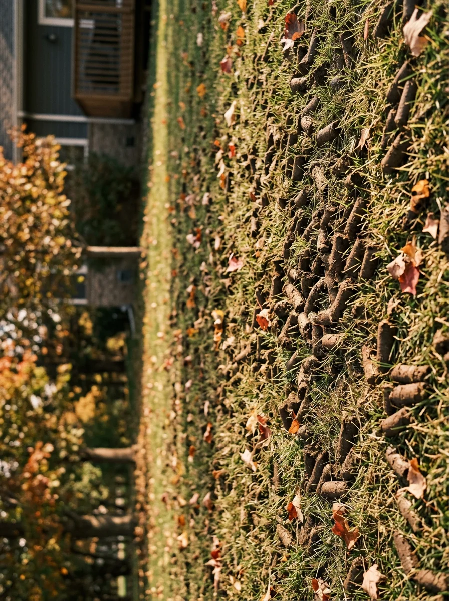 Close-up of a core aeration pass across a Woodbury, MN residential lawn in fall, with soil plugs visible on compacted Kentucky bluegrass turf.