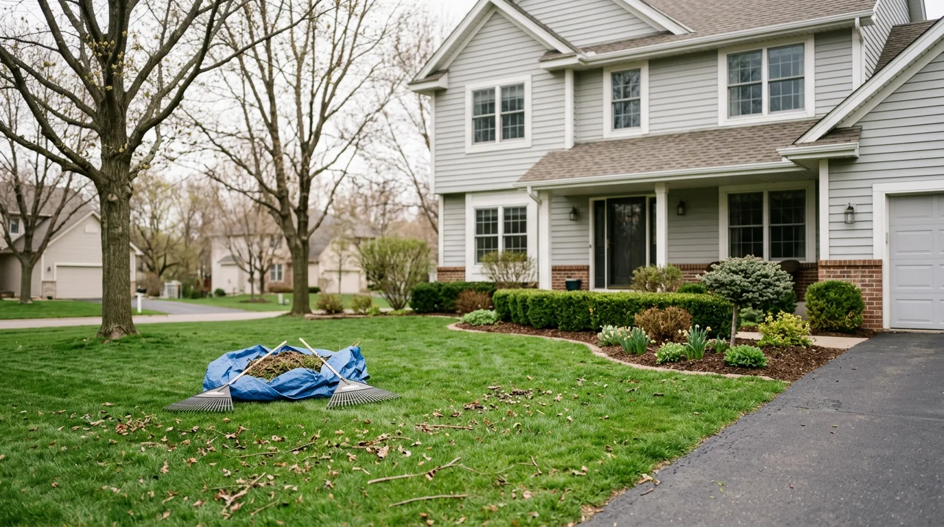 A landscaping crew performing spring lawn cleanup on a single-family home in a Woodbury, MN subdivision, raking debris from turf beds with established ornamental shrubs along the front foundation.