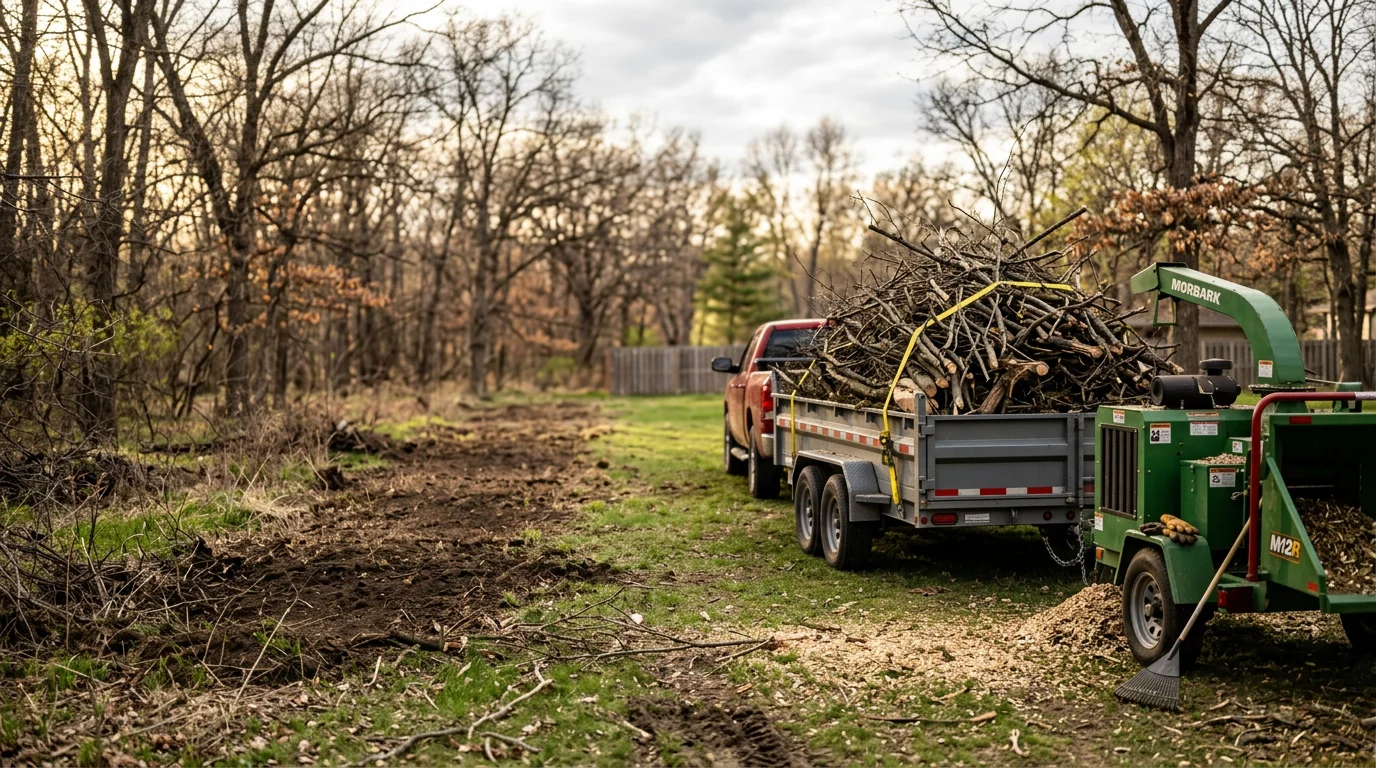 A cleared residential backyard in Woodbury, Minnesota with cut brush and overgrown shrubs removed, showing open ground along a wooded property edge. Piles of cleared debris are staged near the property line ready for hauling.