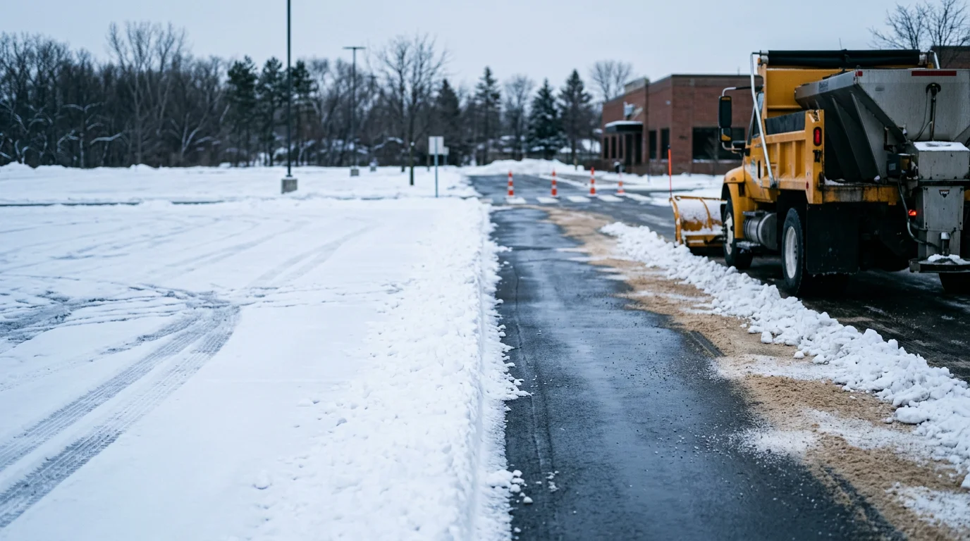 A commercial parking lot in Woodbury, Minnesota fully cleared of snow after a winter storm, with clean drive lanes, open parking stalls, and a plowed building entrance visible in the foreground.