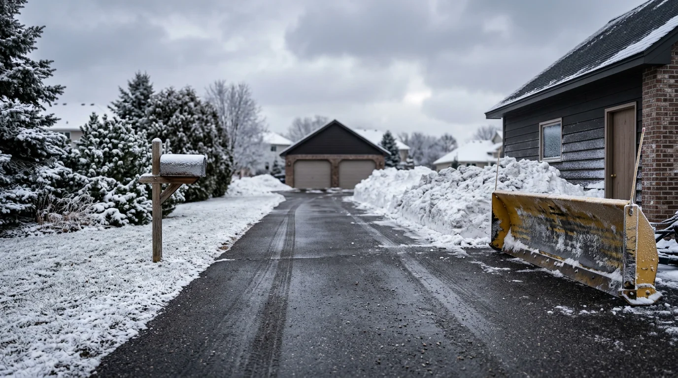 A freshly cleared residential driveway in Woodbury, Minnesota after a heavy overnight snowfall, with snow pushed neatly to the sides and the full drive surface exposed down to the pavement.