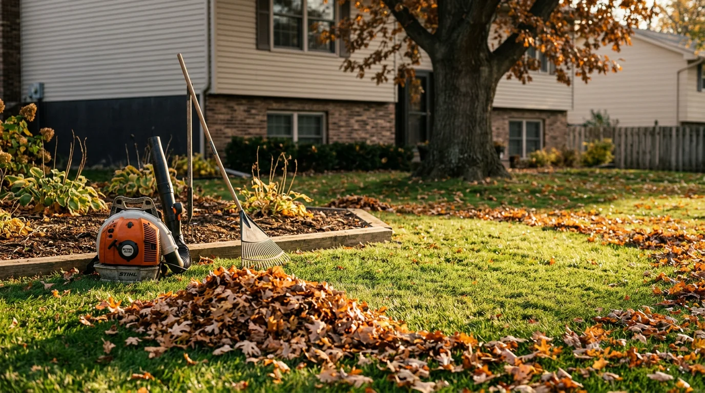 A residential lawn in Woodbury, Minnesota with fallen autumn leaves fully cleared from the grass, planting beds cut back, and walkways clean after a professional fall cleanup service by Apex Landscaping LLC.