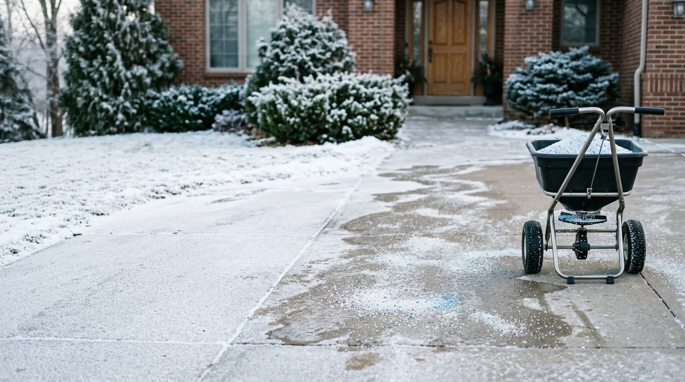 A treated residential driveway and front walkway in Woodbury, Minnesota after an ice management application, with cleared and safe surfaces visible in winter conditions. A locally owned service truck is parked nearby on a snow-covered suburban street.