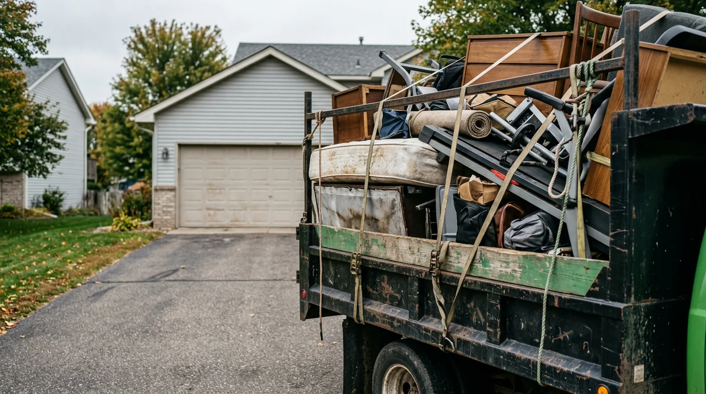 A cleared residential garage in Woodbury, Minnesota after junk removal, with old furniture and appliances loaded into a hauling truck parked in the driveway. The empty garage floor and open space show the result of a full junk removal service by Apex Landscaping LLC.