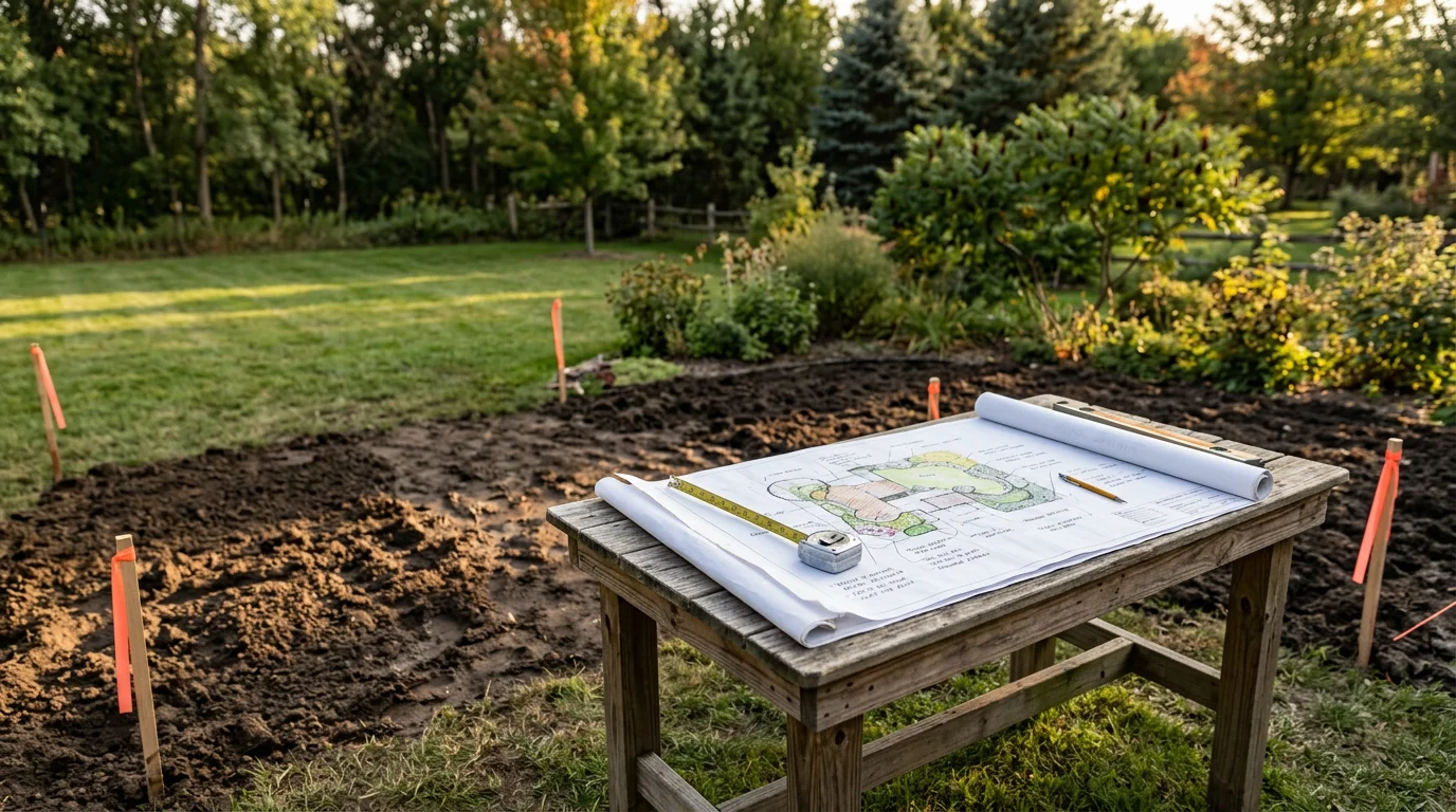 A landscape designer reviewing a property layout with a Woodbury, Minnesota homeowner in a residential backyard. The yard shows a mix of lawn, garden bed areas, and gently rolling terrain typical of Washington County properties.