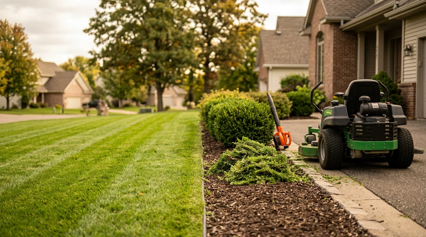A neatly mowed and edged residential lawn in Woodbury, Minnesota with trimmed shrubs and clean planting beds following a professional landscape maintenance visit by Apex Landscaping LLC.