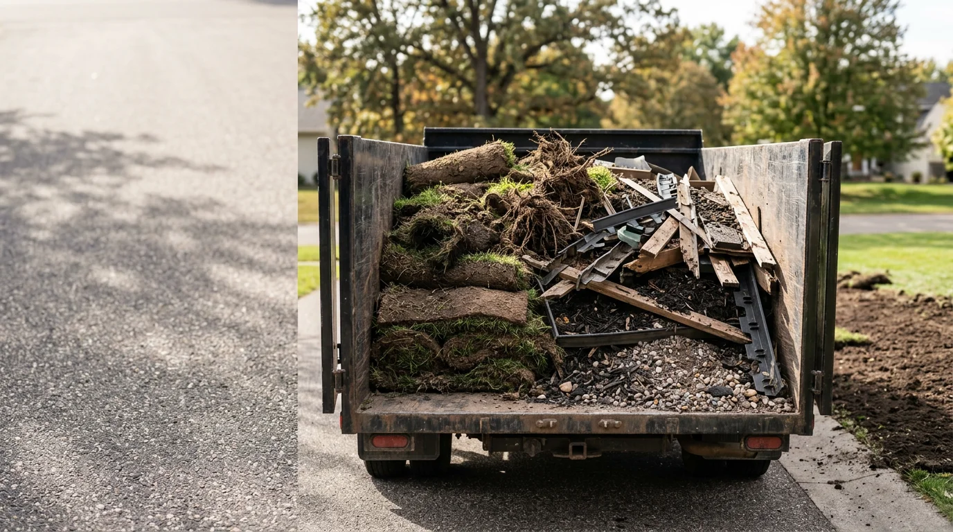 A cleared residential backyard in Woodbury, Minnesota after landscaping debris hauling, showing an empty, clean outdoor space with no remaining soil piles, sod, or rock debris. An Apex Landscaping LLC truck is visible in the driveway after completing the haul.
