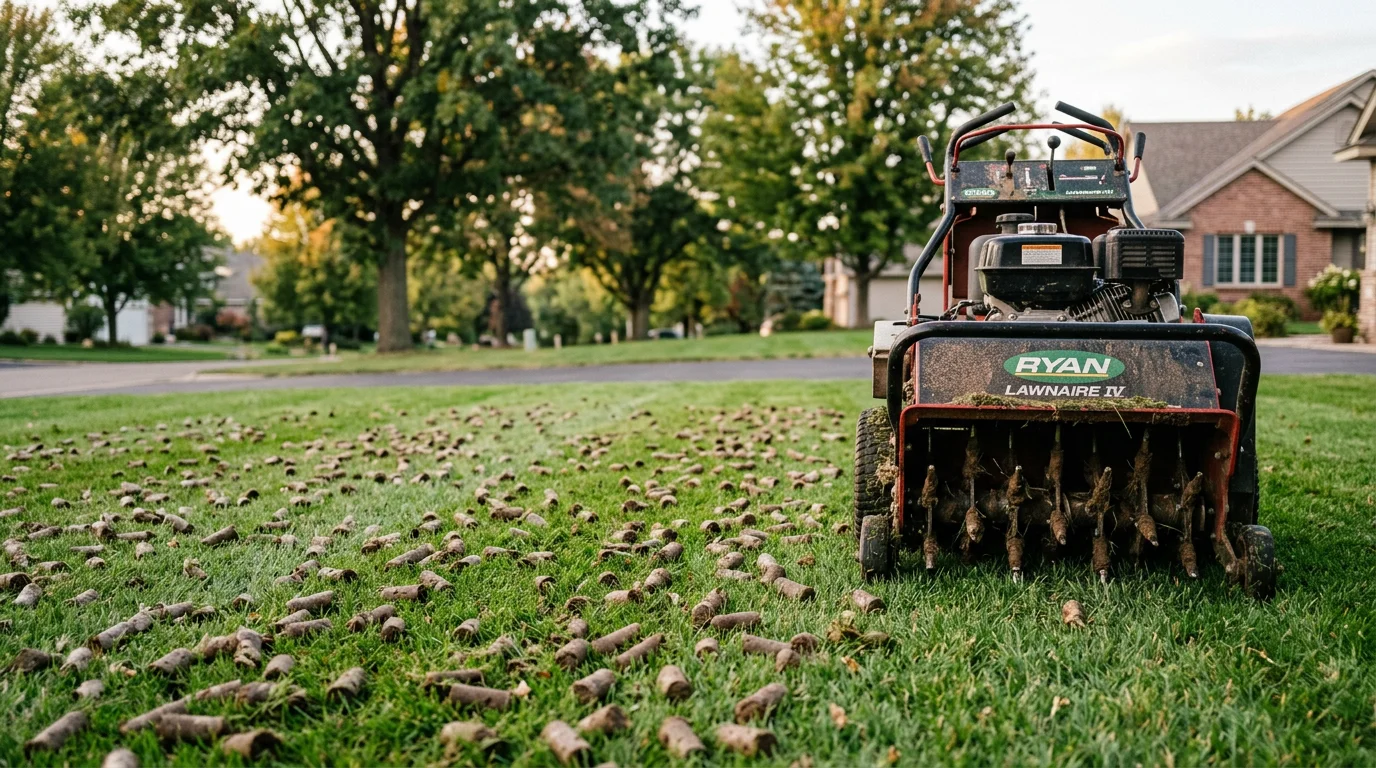 A core aeration machine pulling small soil plugs from a residential lawn in Woodbury, Minnesota, leaving rows of open channels across the turf. The surrounding yard shows typical suburban clay-heavy soil with cool-season grass in need of root-zone relief.