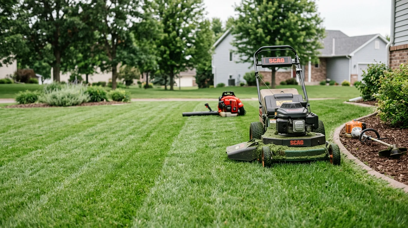 A freshly mowed and edged residential lawn in Woodbury, Minnesota with clean turf lines and trimmed borders along a concrete walkway. The yard shows well-maintained cool-season grass under a clear summer sky in the east metro.