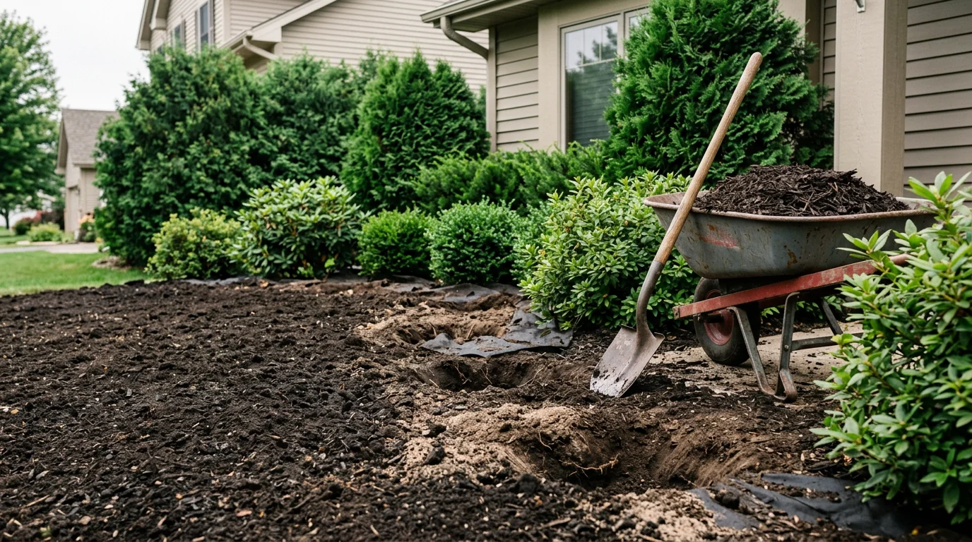 Freshly installed shrubs and ornamental plants arranged in a defined front yard bed at a residential property in Woodbury, Minnesota. Soil is prepped and plants are evenly spaced with clean bed edging visible along the lawn border.