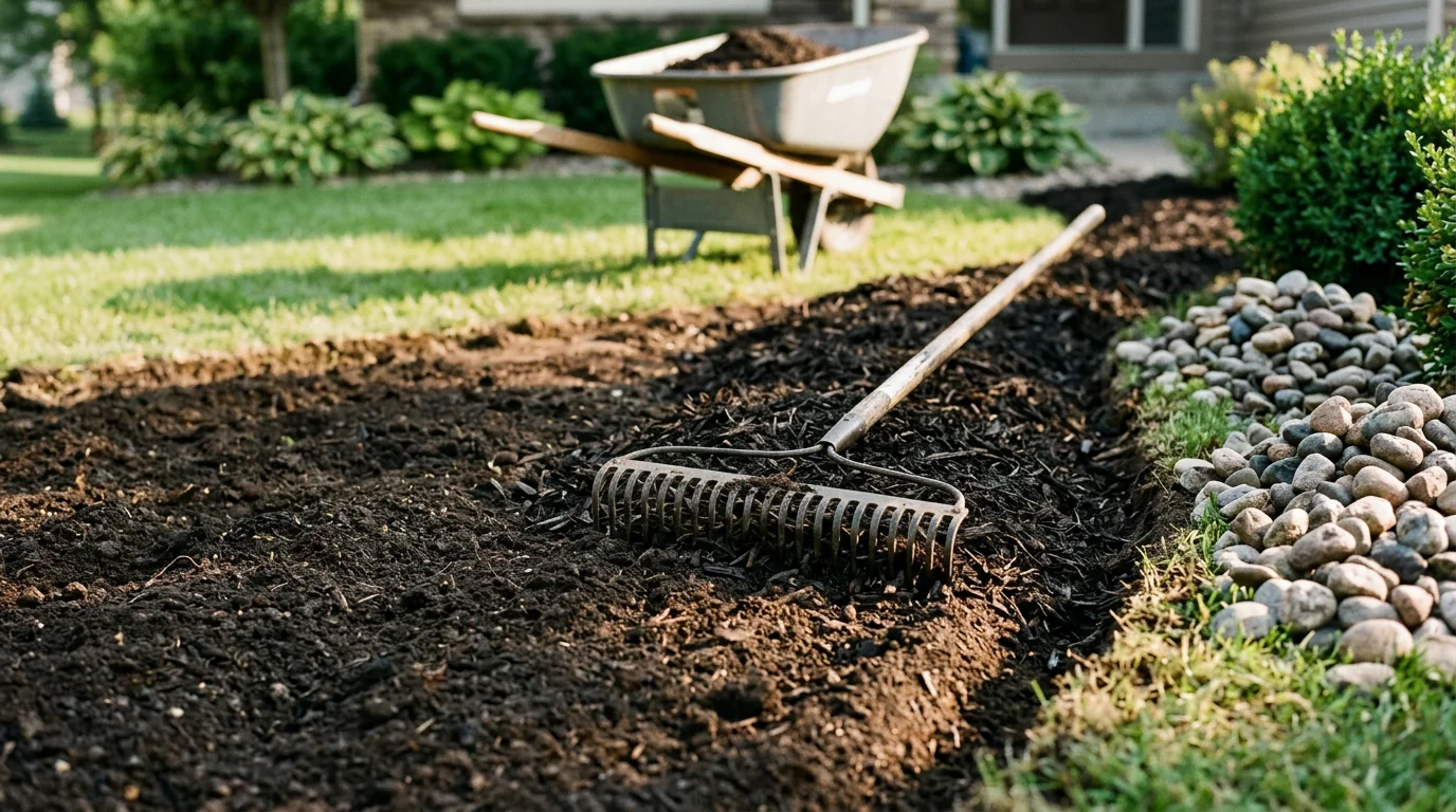 Freshly installed dark landscape mulch in a residential garden bed in Woodbury, Minnesota, with clean edging separating the mulch from a green lawn. River rock borders a tree ring in the background, showing a completed rock and mulch installation on a suburban property.