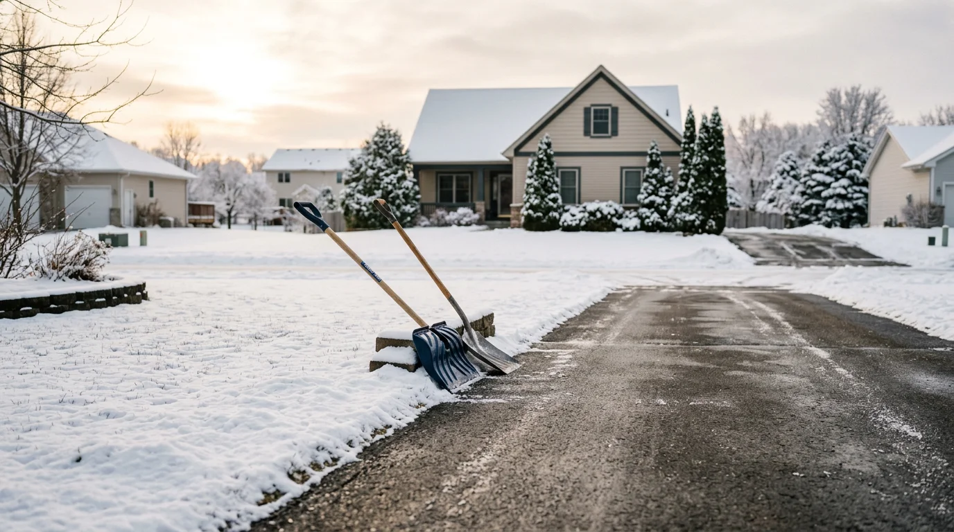 A cleared residential driveway and sidewalk in Woodbury, Minnesota after a winter snowstorm, with snow pushed to the edges of the property. Apex Landscaping LLC snow removal service keeping a Twin Cities home accessible mid-winter.
