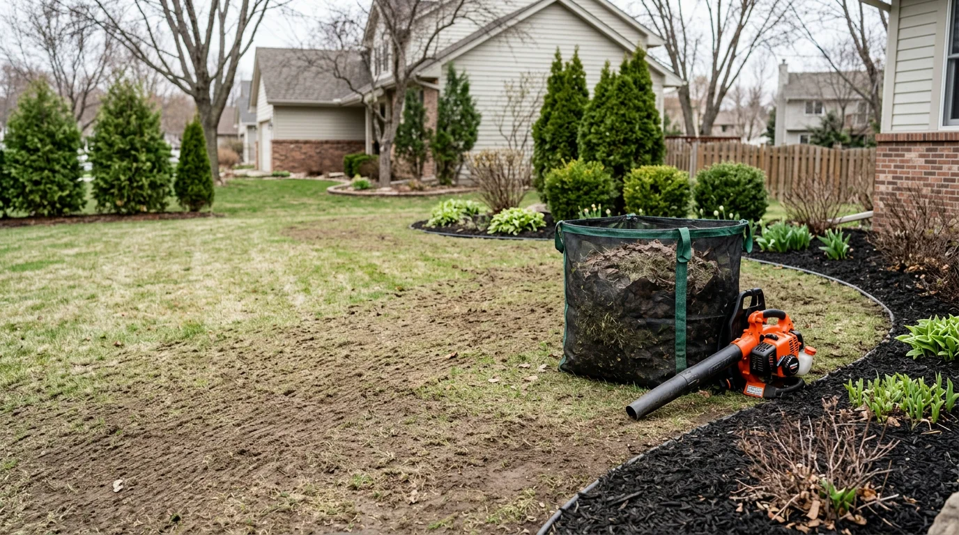 A Woodbury, Minnesota residential lawn after spring cleanup, with cleared landscape beds, blown-off walkways, and debris-free turf ready for the growing season. Fresh bed edges and a clean lawn surface show a property prepared for spring growth.