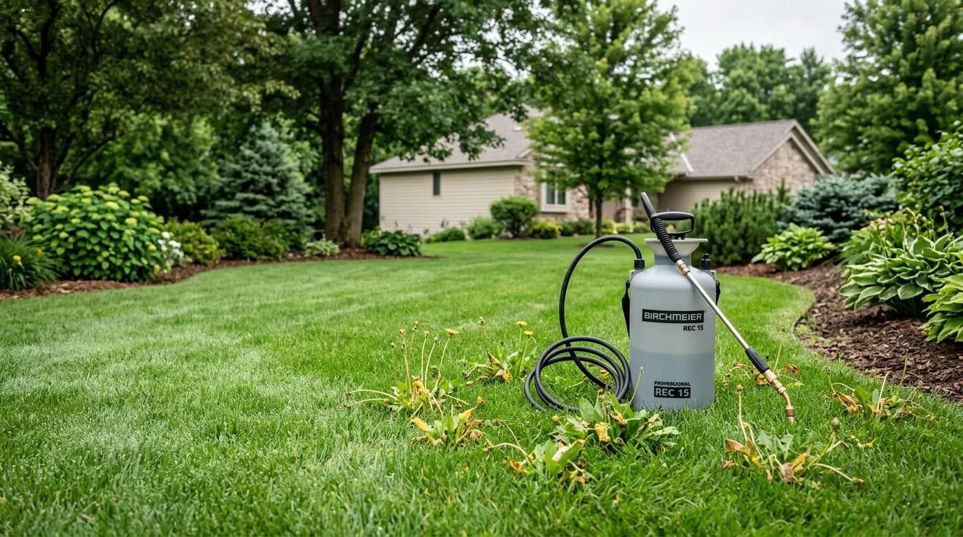 A Woodbury, Minnesota residential lawn showing thick, green turf with no visible weeds after a professional weed control treatment. A lawn care technician applies a spot spray treatment to a remaining broadleaf weed near the edge of the yard.