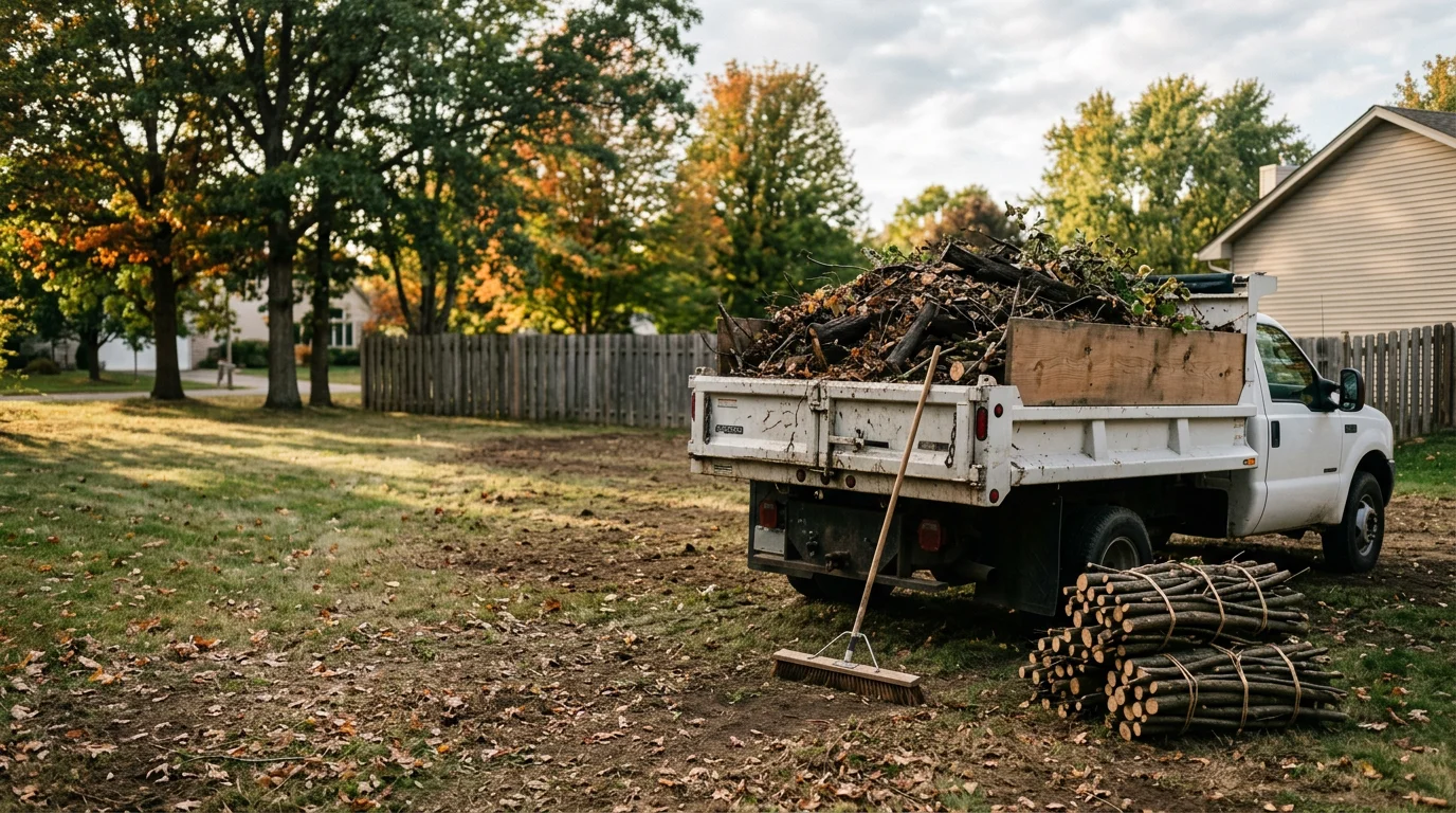 A cleared residential backyard in Woodbury, Minnesota with piles of leaves, lawn clippings, and shrub trimmings loaded into a hauling truck by an Apex Landscaping crew member. The surrounding lawn is visible and free of debris after yard waste removal service.